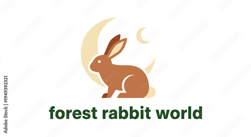 Fototapeta premium Brown rabbit logo on crescent moon with green text on white background for branding