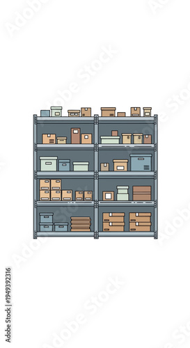 Shelves with Various Colored Boxes and Objects.