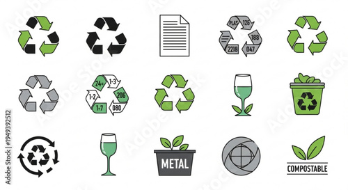 Eco friendly icons set including recycling symbols biodegradable and compostable labels on transparent background