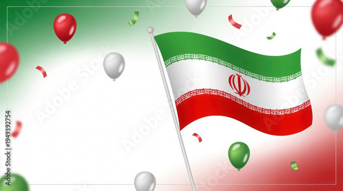 Iranian Flag Waving with Red, Green, White Balloons and Confetti Illustration