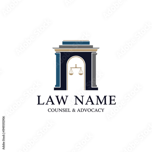 Law arch with justice scales, representing legal counsel and advocacy services, isolated white background.