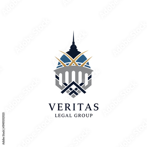 Veritas Legal Group Logo with Stylized Ancient Building and Scales of Justice on isolated white background