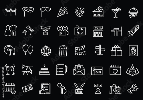 Event planning web icons in line style. Holiday, event, party, celebration, entertainment. Vector illustration.