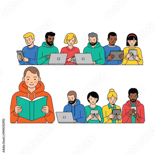 Digital Connection and Literacy: A group of individuals absorbed in a world of information, some connected via digital devices, while one enjoys the tranquility of reading a book.