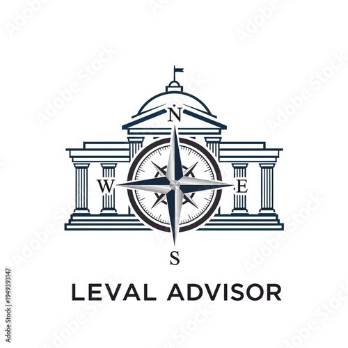 Leval Advisor logo design depicting a classic government building with a compass, symbolizing legal direction and guidance, isolated white background.