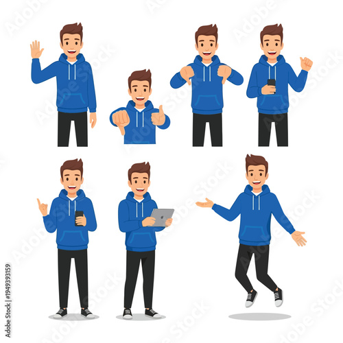 Young Man's Expressions: A youthful man, clad in a blue hoodie, showcases a range of emotions and actions, illustrating everyday life with diverse gestures and technology interaction. 