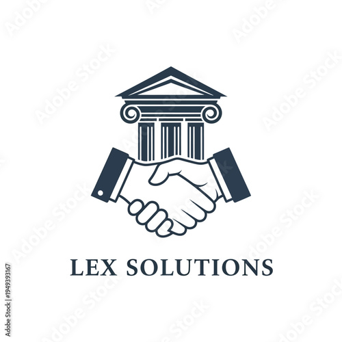Lex Solutions logo with handshake and ancient column building, representing legal partnership and agreement, isolated white background.