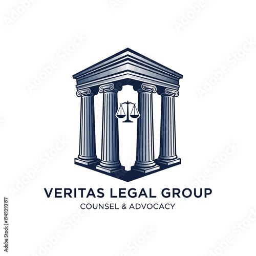 Authoritative Classical Building Logo with Pillars and Scales of Justice for Veritas Legal Group, on an isolated white background, conveying truth and balance