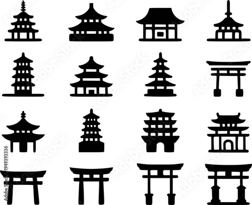 Collection of black silhouette featuring traditional East Asian pagodas and torii gates