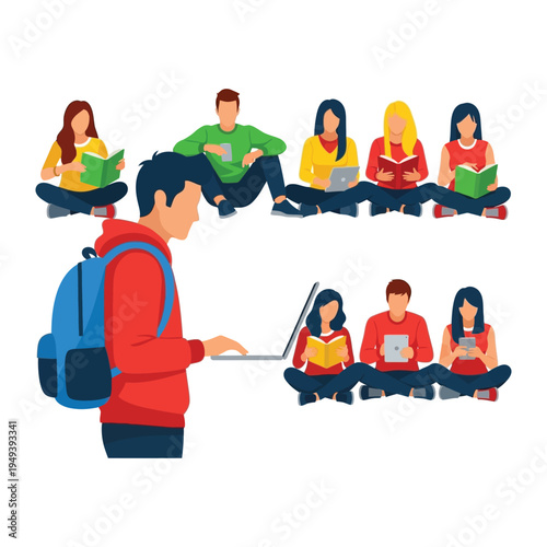 Modern Learning Group: A diverse group of students engaging in various forms of learning, incorporating books, laptops, and tablets, highlighting the evolving landscape of education.