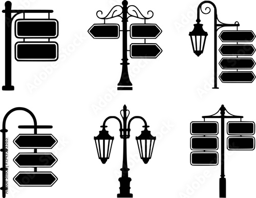 Collection of Vintage Street Signs and Lampposts Silhouettes White Background signpost
