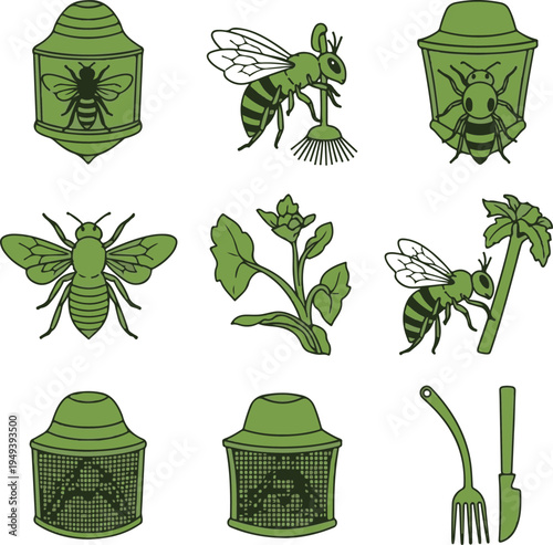 Vintage beekeeping illustrations with bees and hives