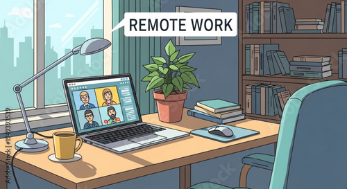 Remote work setup with laptop and video call on screen on transparent background