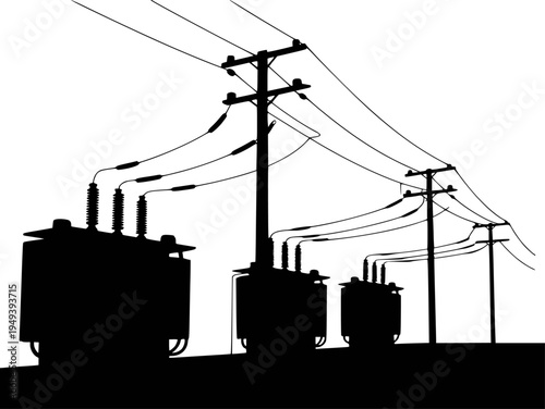 Black silhouette of electrical transformers and utility poles with overhead power lines against a white background