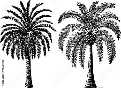 Black and white hand drawn palm trees with detailed fronds and trunks a white background