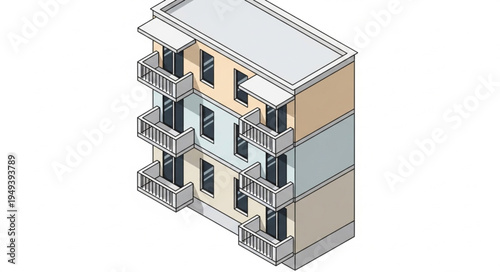 Illustration of a multi story apartment building with balconies.