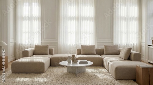 A large beige modular sofa placed in a bright and airy living room with sheer window curtains
