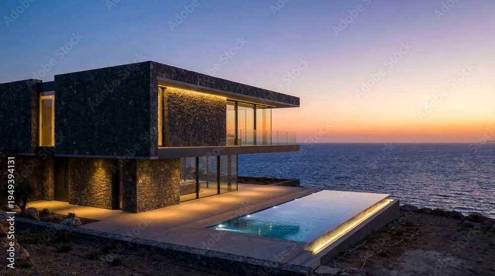 Fototapeta premium A modern stone villa with an infinity pool overlooking the sea at sunset in a coastal landscape