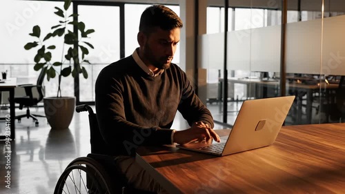 Disabled man in wheelchair works on laptop at office desk. Professional with disability typing on laptop. Man in wheelchair at office working. Disabled professional uses laptop for work.