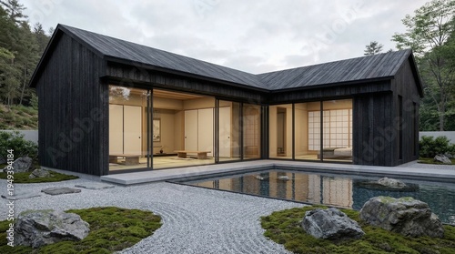 A contemporary l-shaped house with black charred wood siding and a tranquil japanese rock garden