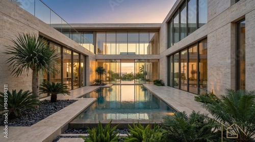 A contemporary luxury villa courtyard featuring a central swimming pool and travertine stonework