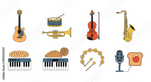 Musical instruments and food icons
