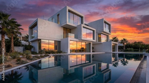 A contemporary luxury villa featuring modern architectural design with a large reflective swimming pool