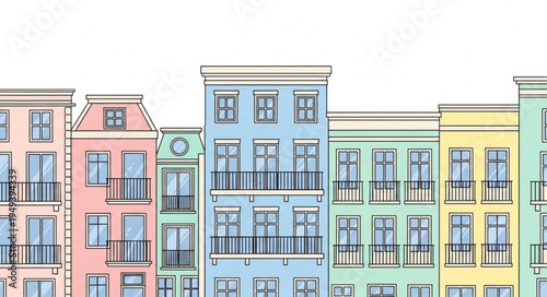 Colorful row of apartment buildings with balconies and windows.