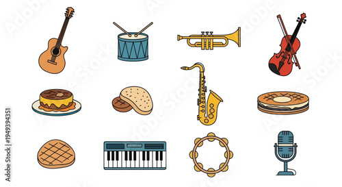 Musical instruments and food icons