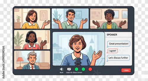 Virtual meeting with diverse group of people on a video call on transparent background