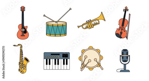Musical instruments collection on white