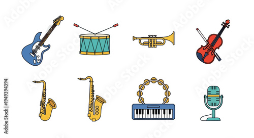 Musical instruments collection on white