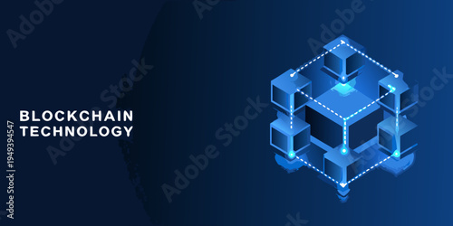 Blockchain technology illustration featuring a glowing isometric cube design