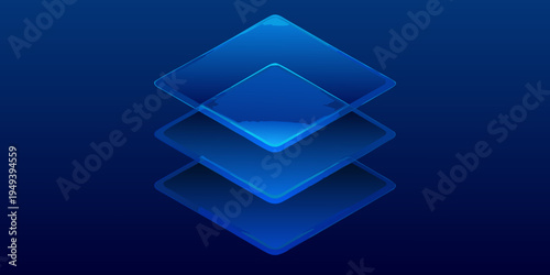 Stacked blue diamond shapes create an abstract layered geometric design