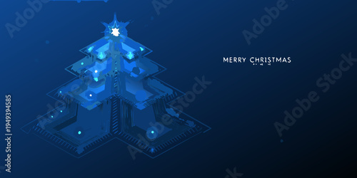 Abstract blue christmas tree with glowing lights against a dark background