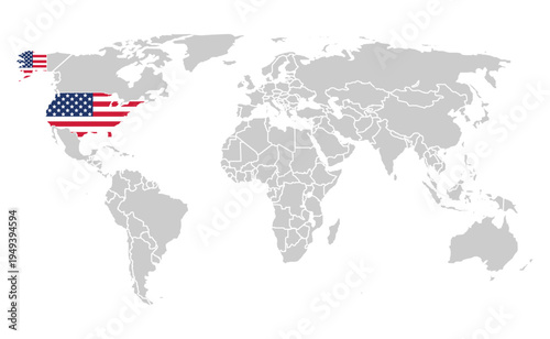 Vector map of the world with the USA map highlighted in the colors of the national flag. This vector world map is ideal for global business, politics, or geographic concepts.