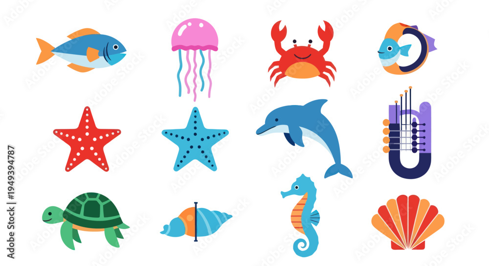 Obraz premium Ocean life cartoon sea creatures collection
