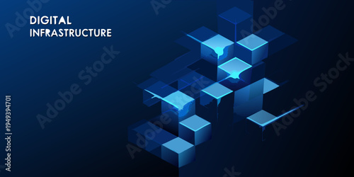 Abstract digital infrastructure concept with glowing blue cubic structures