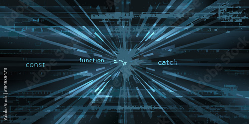 Abstract digital explosion with code fragments in a dark blue tone