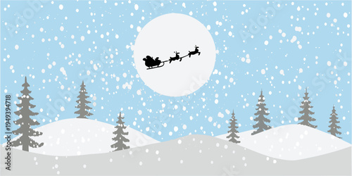 Santa claus and reindeer silhouetted against a full moon in winter