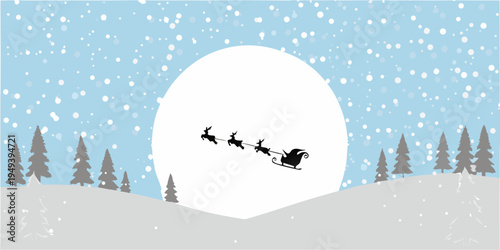 Santa claus and reindeer fly across a bright winter moonlit sky