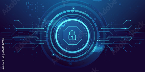 Abstract digital security background with a glowing padlock symbol
