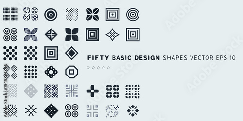 Collection of fifty diverse basic geometric design shapes on a grey background