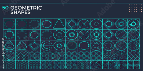 Collection of fifty glowing neon geometric shapes on a dark background