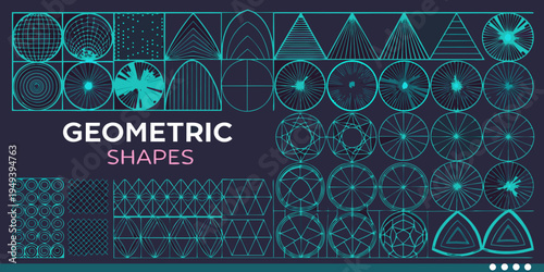 A collection of various neon blue geometric shapes and patterns