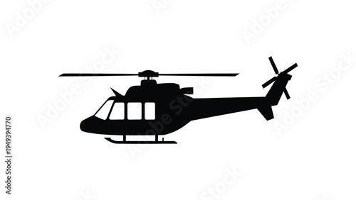 Black silhouette vector icon of helicopter side view with rotor and tail detail, simple aviation design symbol for aircraft, transport, and flight