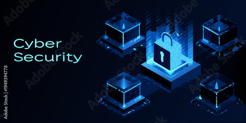 Cyber security concept with glowing cubes and a padlock illustration