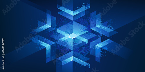Abstract geometric design featuring glowing blue shapes and fractured textures