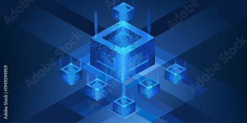 Abstract isometric composition of glowing blue cubes and digital networks