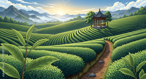 Lush green tea plantation with a traditional pavilion on a hill.
